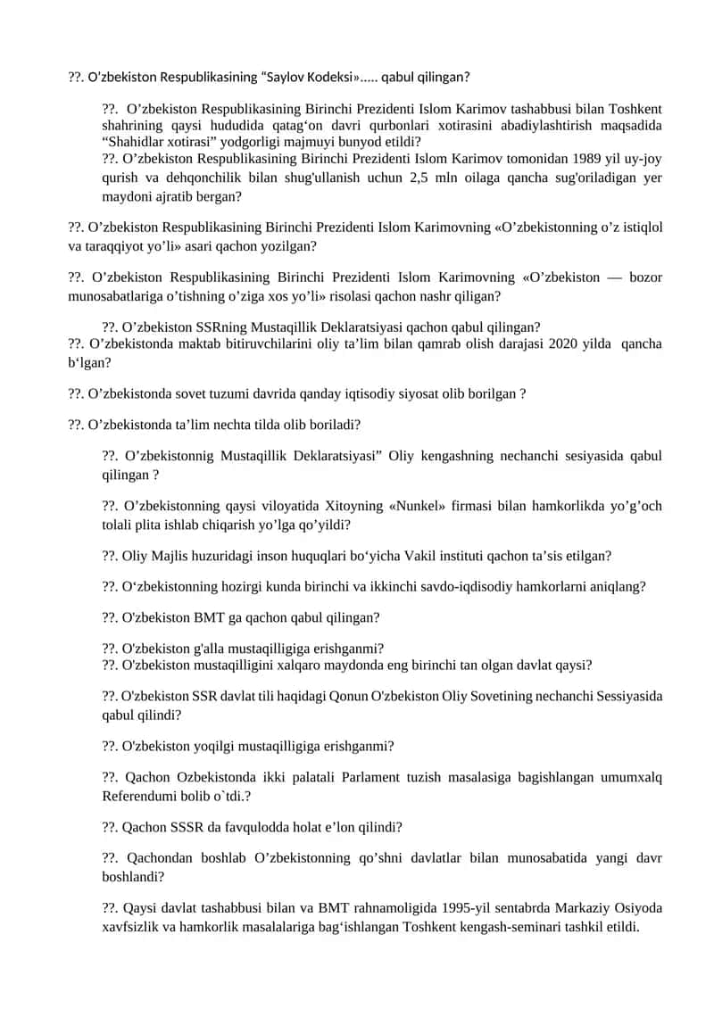 O'zbekiston Respublikasi tarixi bo'yicha savollar