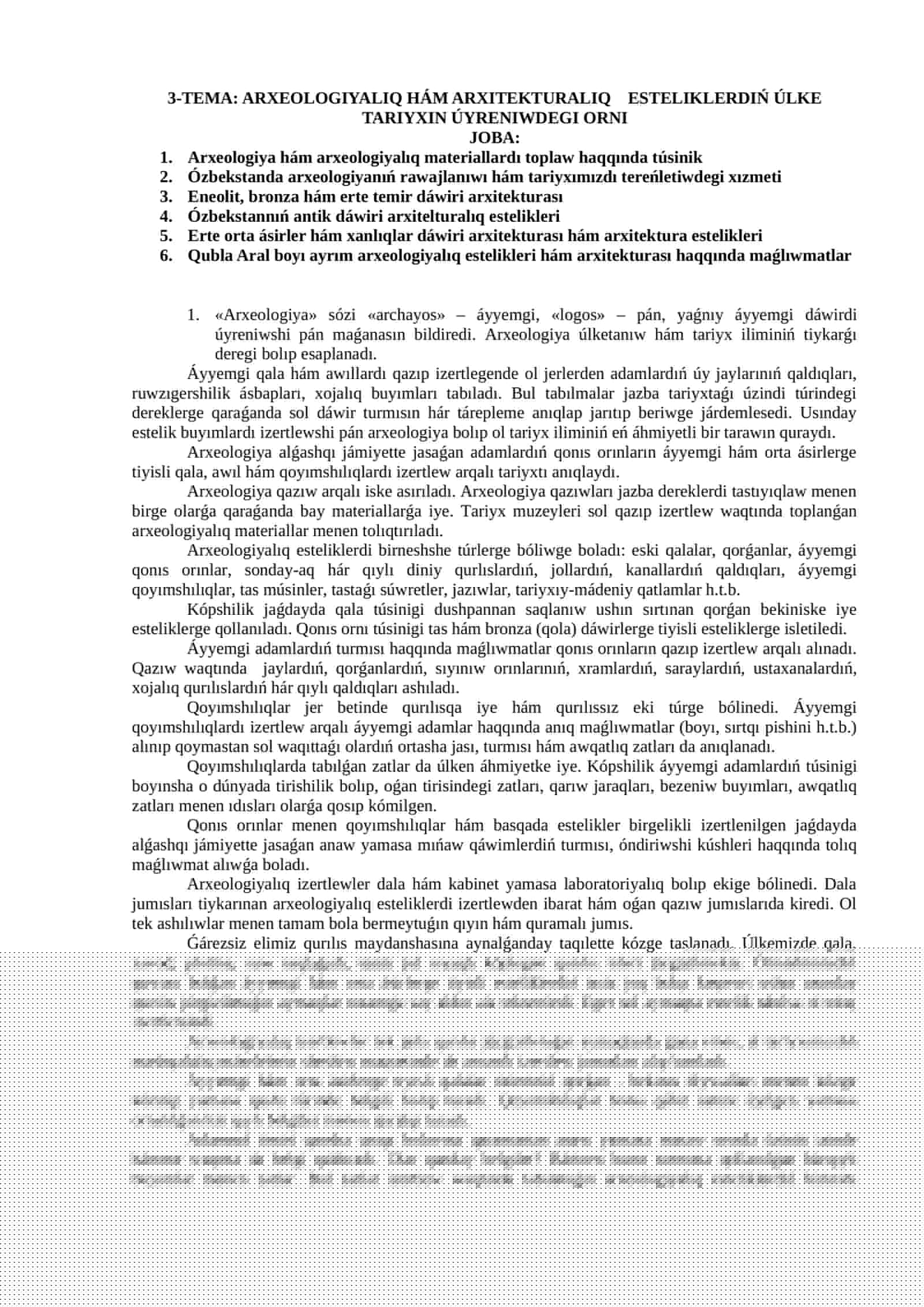 ARXEOLOGIYALIQ HÁM ARXITEKTURALIQ ESTELIKLERDIŃ ÚLKE TARIYXIN ÚYRENIWDEGI ORNI