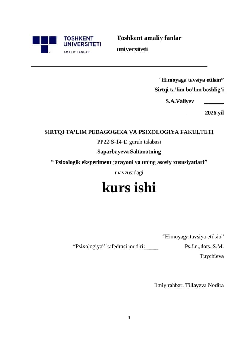 Psixologik eksperiment jarayoni va uning asosiy xususiyatlari