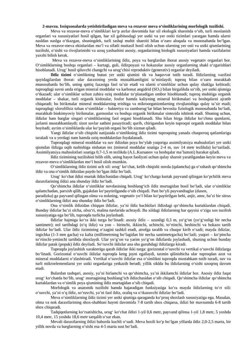 Meva va rezavor-meva o‘sikliklarining morfologik tuzilishi