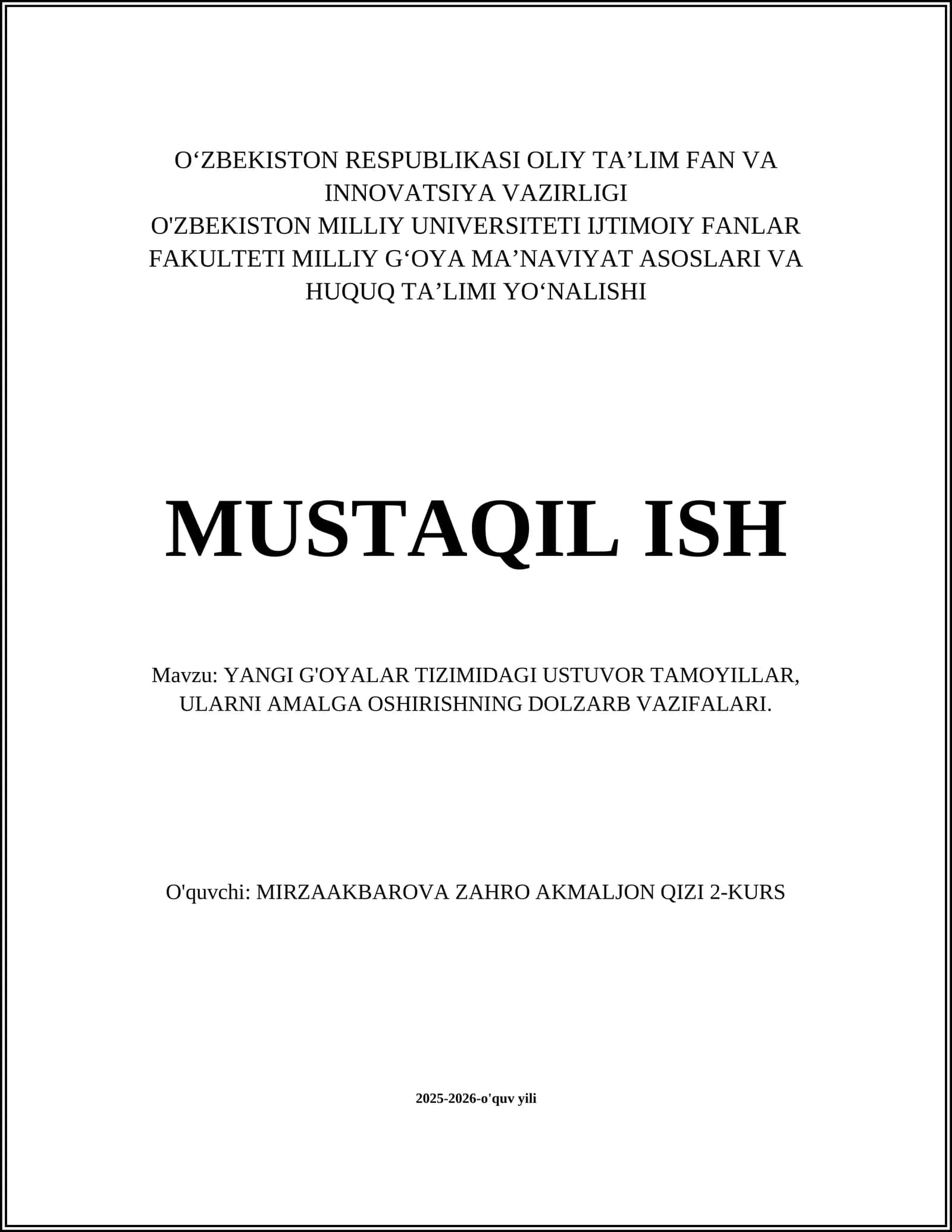 YANGI G'OYALAR TIZIMIDAGI USTUVOR TAMOYILLAR