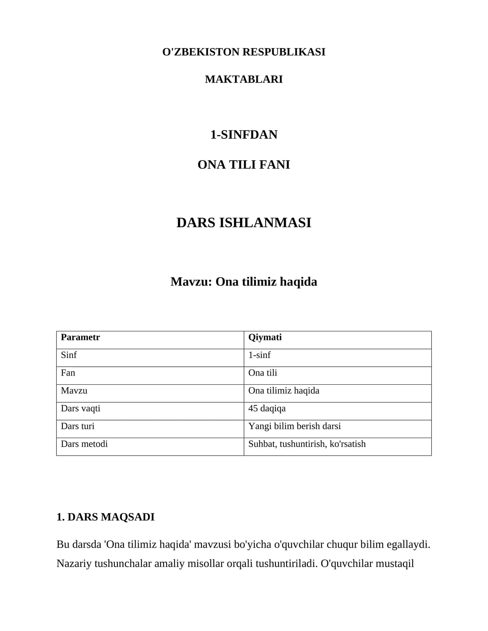Ona Tili Fan Dars Ishlanmasi