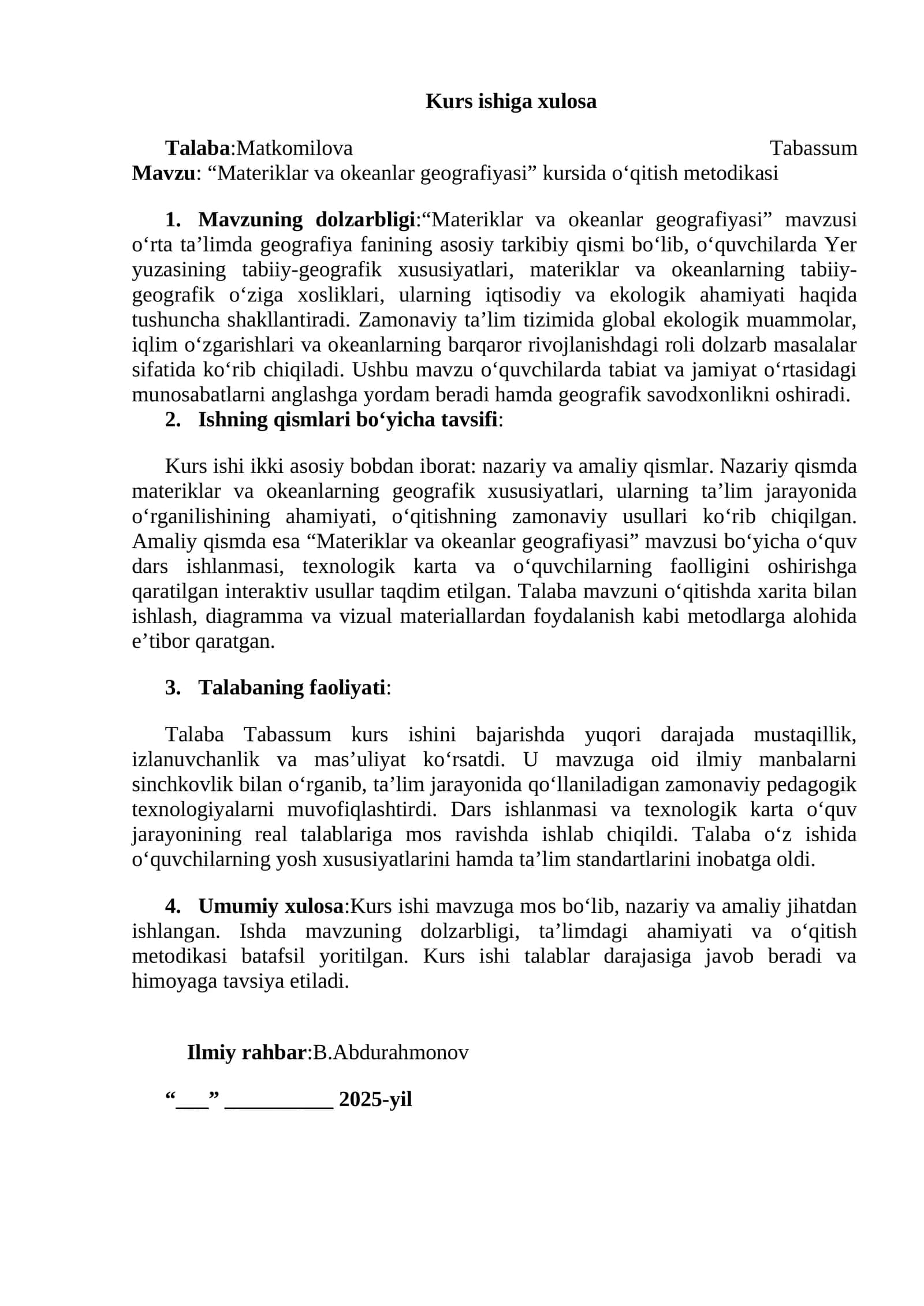 "Materiklar va okeanlar geografiyasi" kursida o‘qitish metodikasi