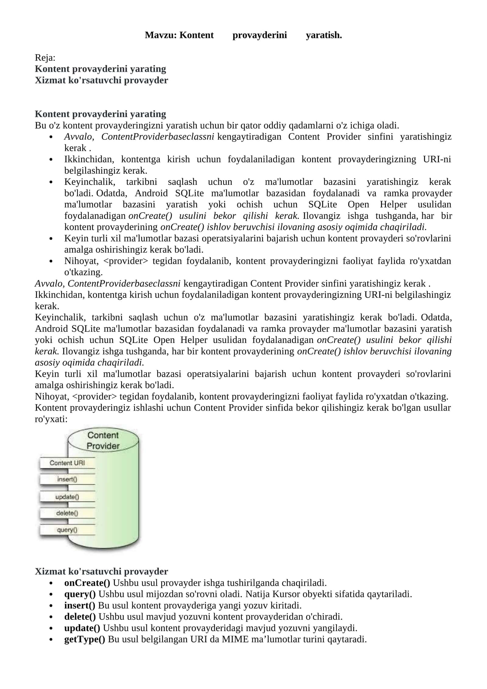 Kontent provayderini yaratish