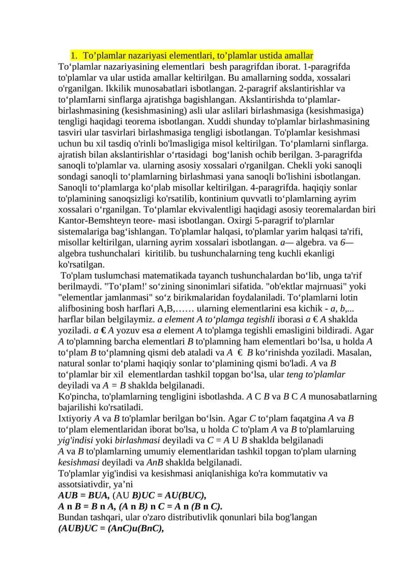 To’plamlar nazariyasi elementlari, to’plamlar ustida amallar