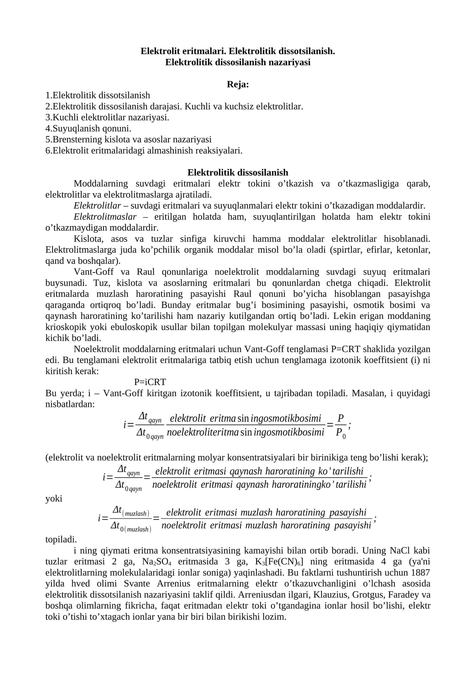 Elektrolit eritmalari. Elektrolitik dissotsilanish