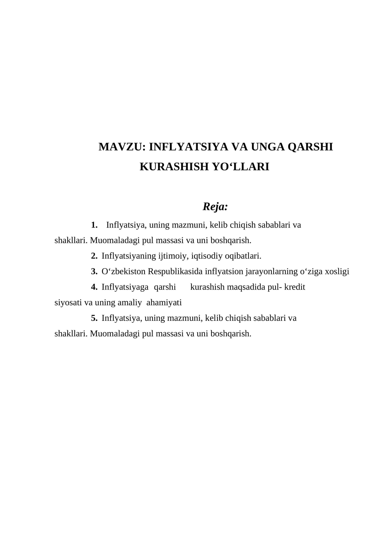 INFLYATSIYA VA UNGA QARSHI KURASHISH YO‘LLARI