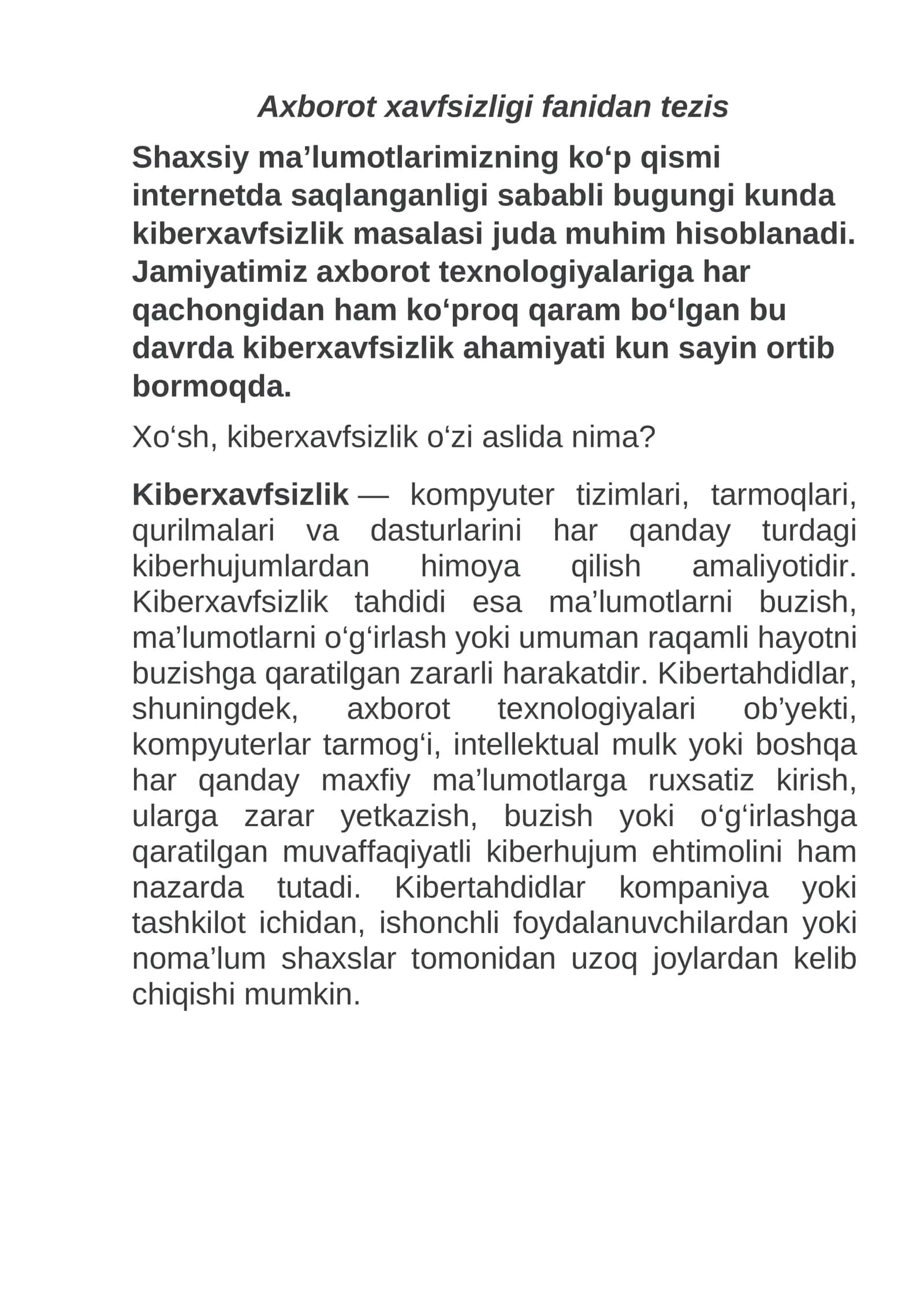 Axborot xavfsizligi fanidan tezis