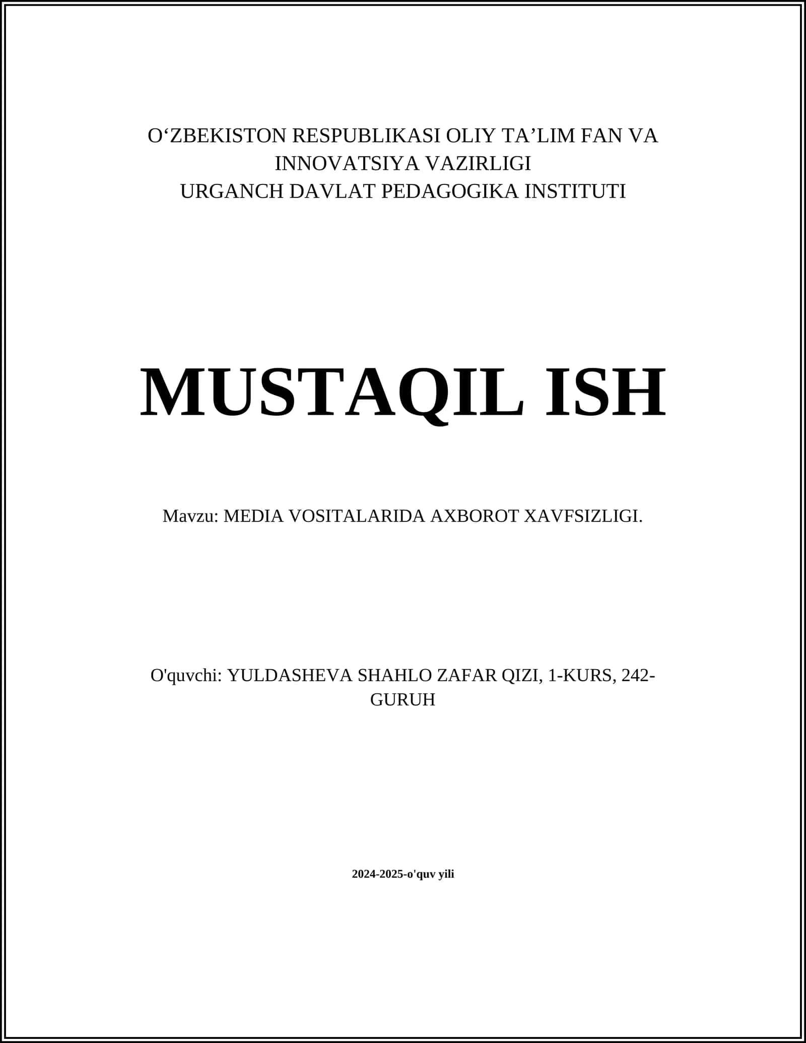 MEDIA VOSITALARIDA AXBOROT XAVFSIZLIGI