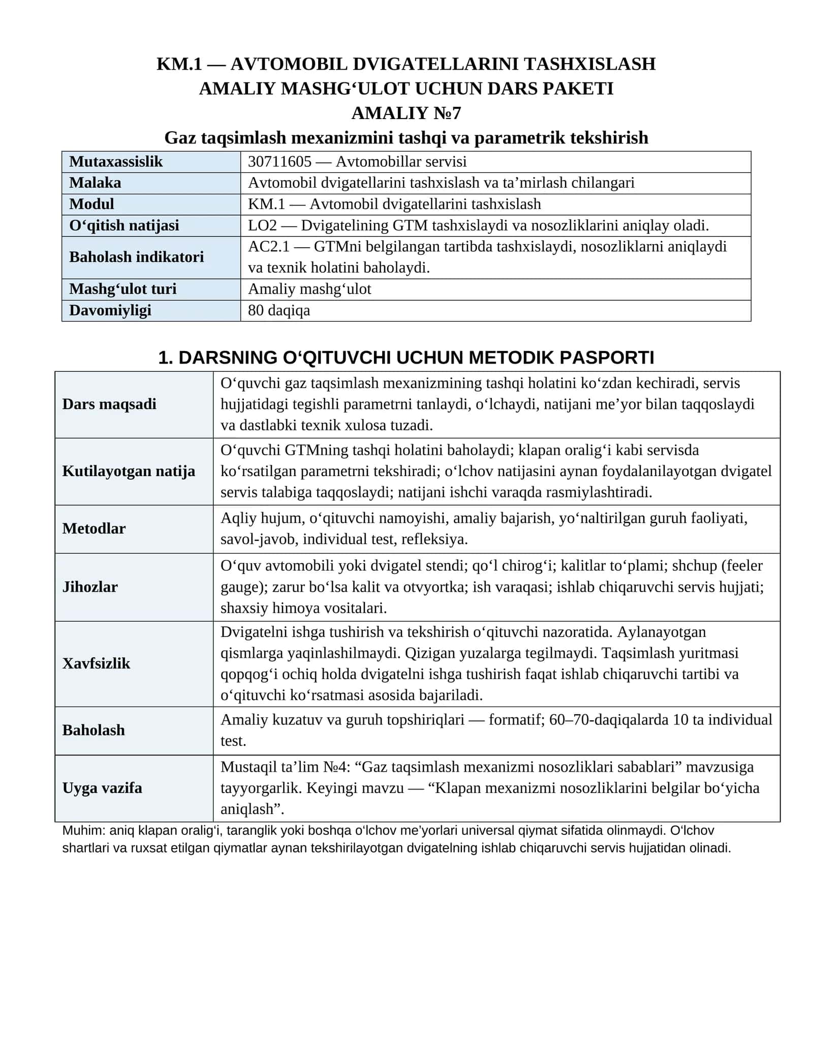 Avtomobil Dvigatellarini Tashxislash Amaliy_7_Gaz_taqsimlash_mexanizmini_tashqi_va_parametrik_tekshirish
