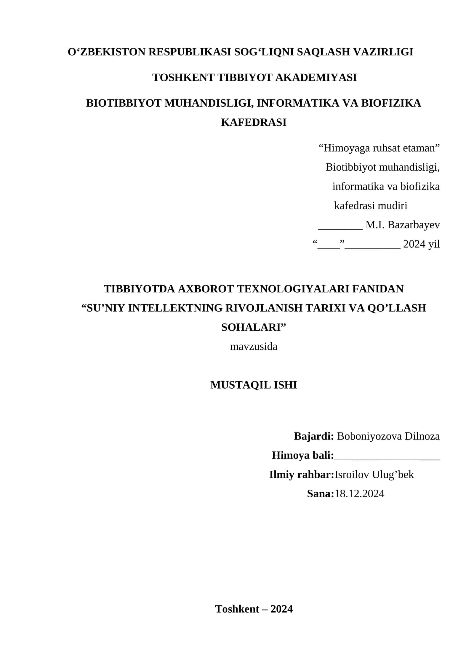 SU’NIY INTELLEKTNING RIVOJLANISH TARIXI VA QO’LLASH SOHALARI