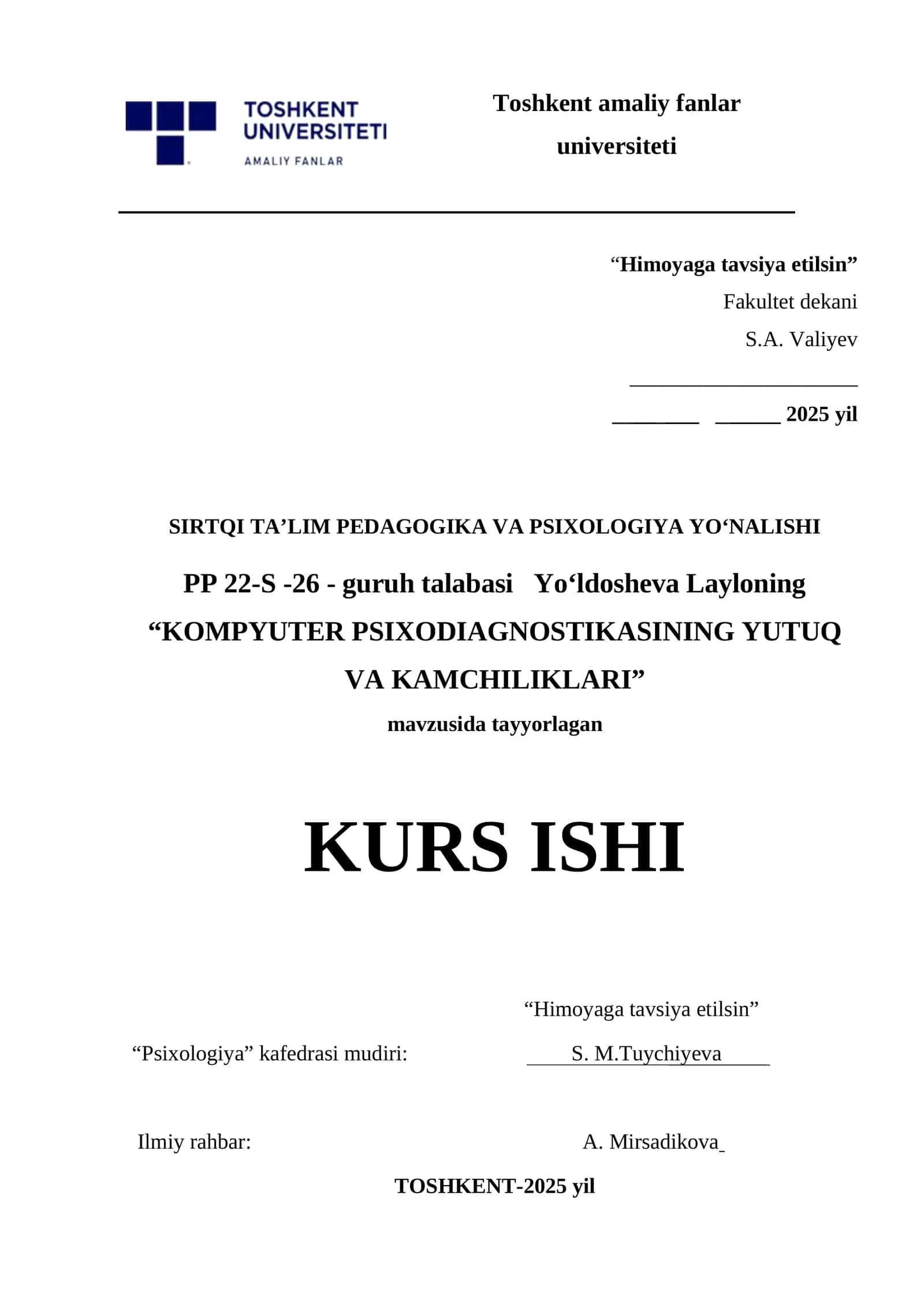 KOMPYUTER PSIXODIAGNOSTIKASINING YUTUQ VA KAMCHILIKLARI