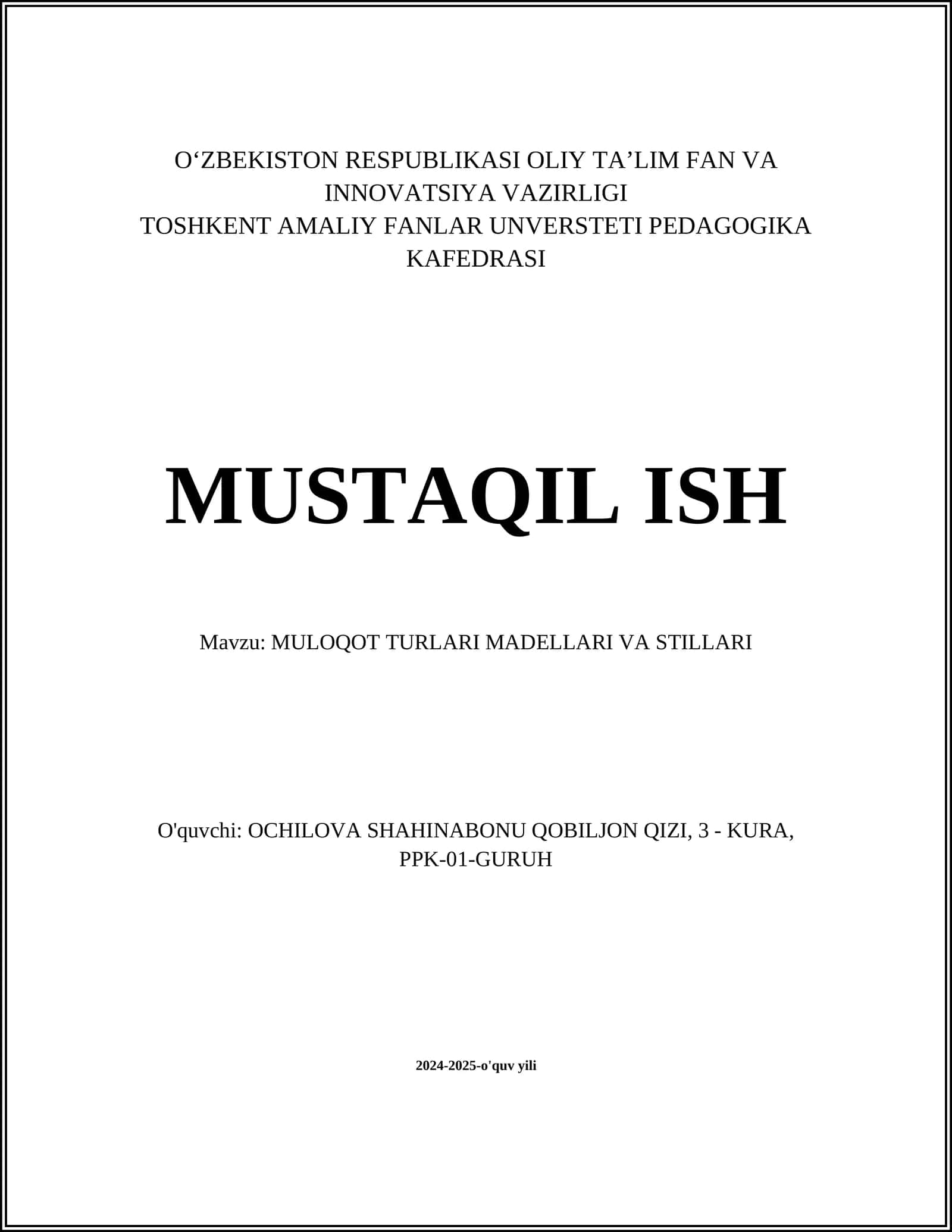 MULOQOT TURLARI MADELLARI VA STILLARI