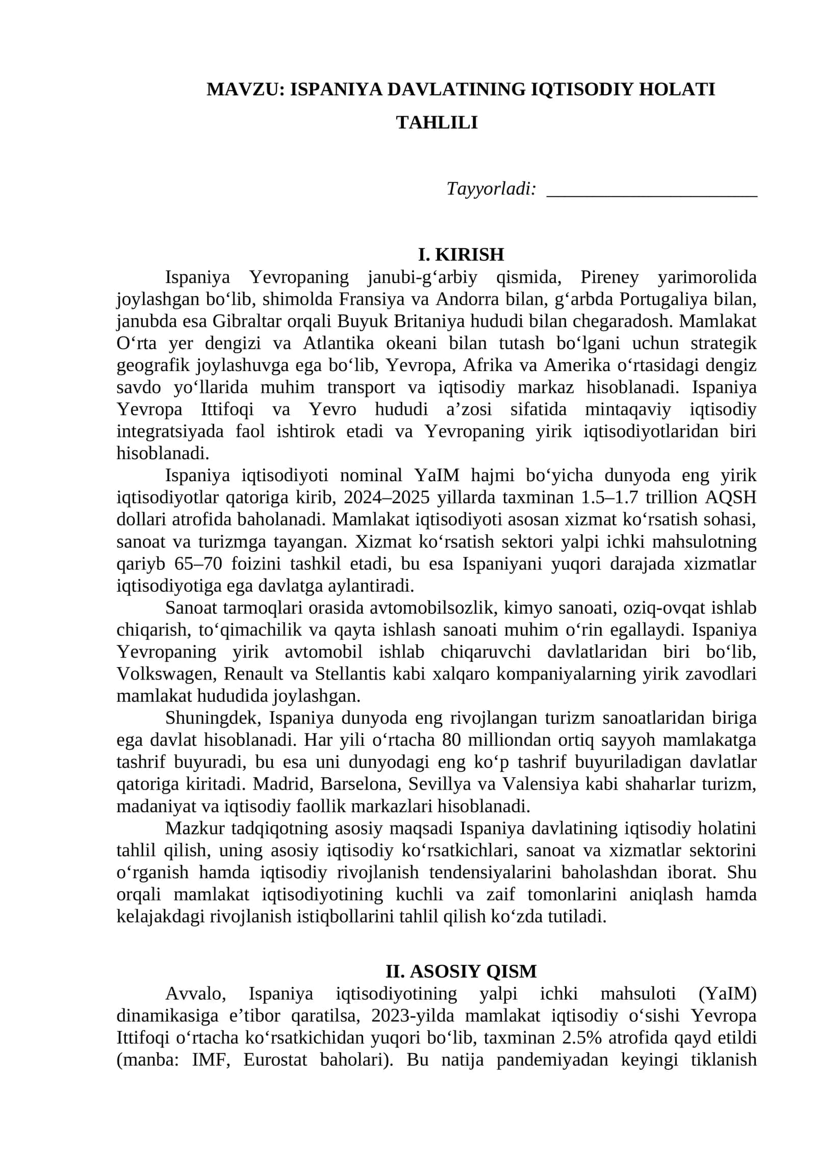 ISPANIYA DAVLATINING IQTISODIY HOLATI TAHLILI tezis