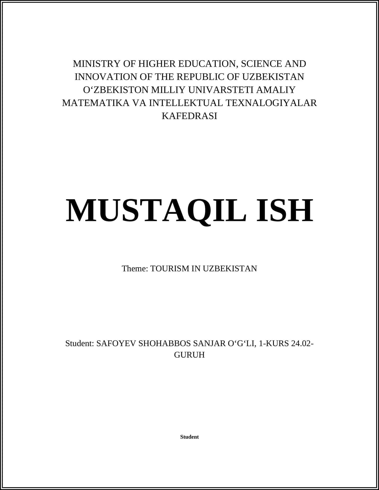 MUSTAQIL ISH: TOURISM IN UZBEKISTAN