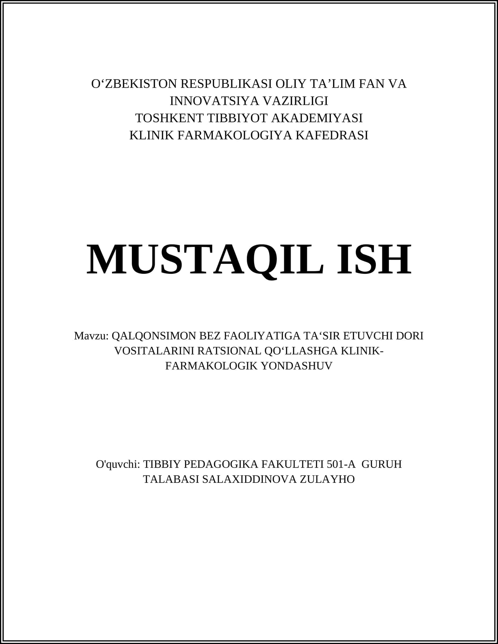 QALQONSIMON BEZ FAOLIYATIGA TA‘SIR ETUVCHI DORI VOSITALARINI RATSIONAL QO‘LLASHGA KLINIK-FARMAKOLOGIK YONDASHUV