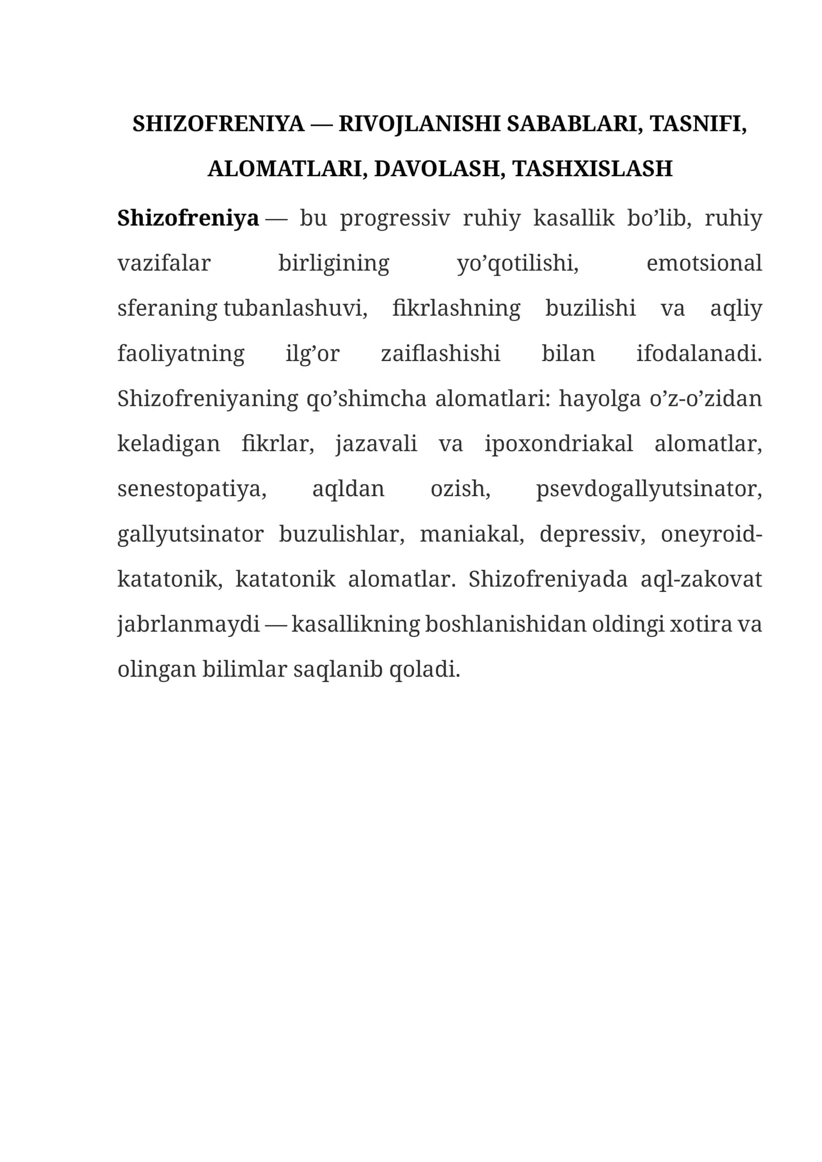 SHIZOFRENIYA — RIVOJLANISHI SABABLARI, TASNIFI, ALOMATLARI, DAVOLASH, TASHXISLASH