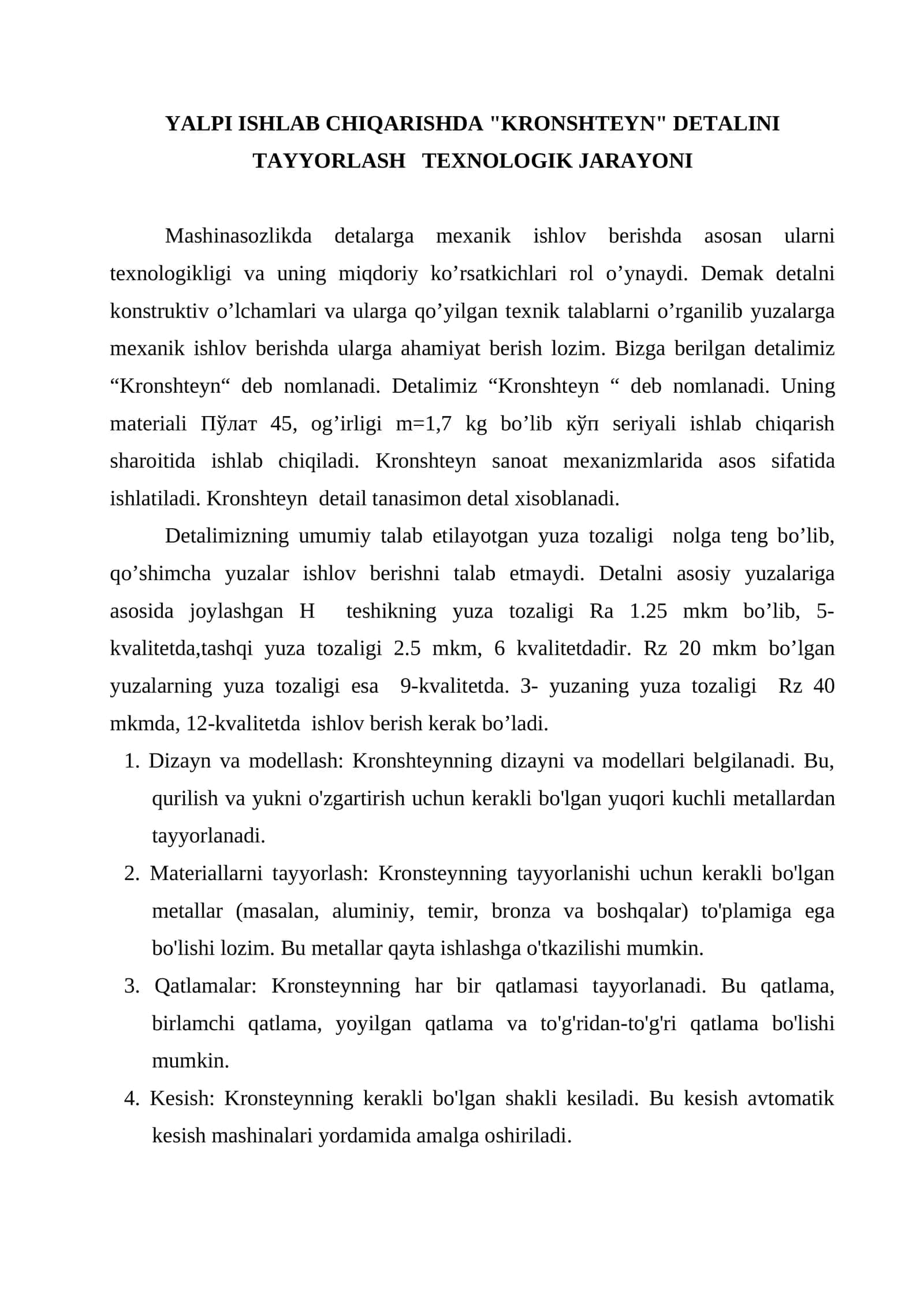 Yalpi Ishlab Chiqarishda Kronshteyn Detalini Tayyorlash Texnologik Jarayoni