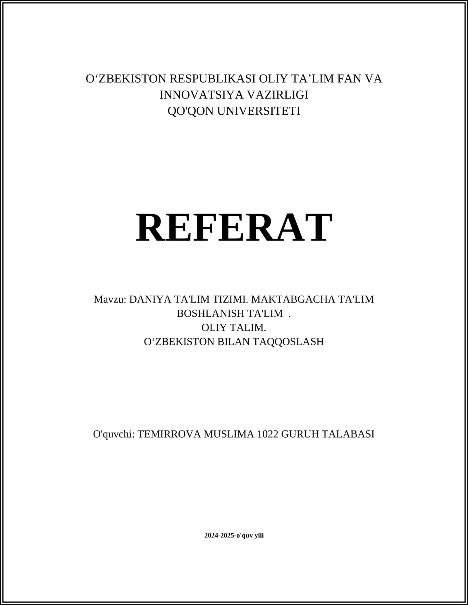 DANIYA TA'LIM TIZIMI. MAKTABGACHA TA'LIM BOSHLANISH TA'LIM