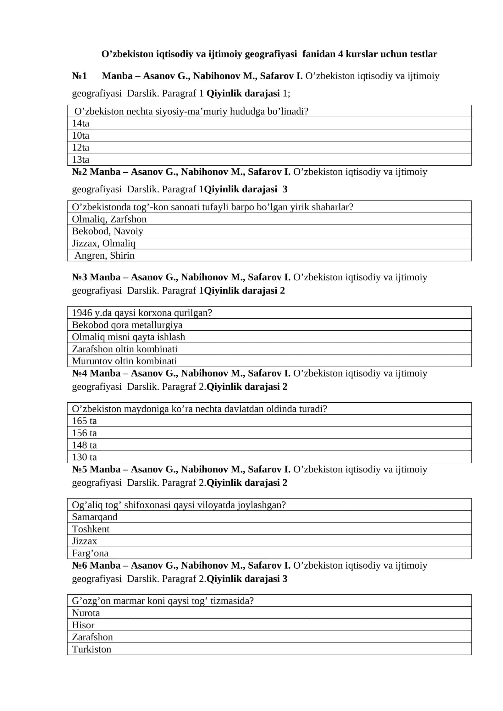 O’zbekiston iqtisodiy va ijtimoiy geografiyasi fanidan testlar