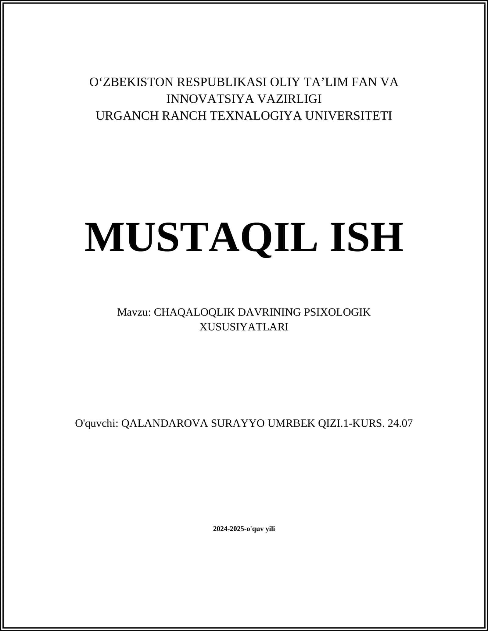 CHAQALOQLIK DAVRINING PSIXOLOGIK XUSUSIYATLARI