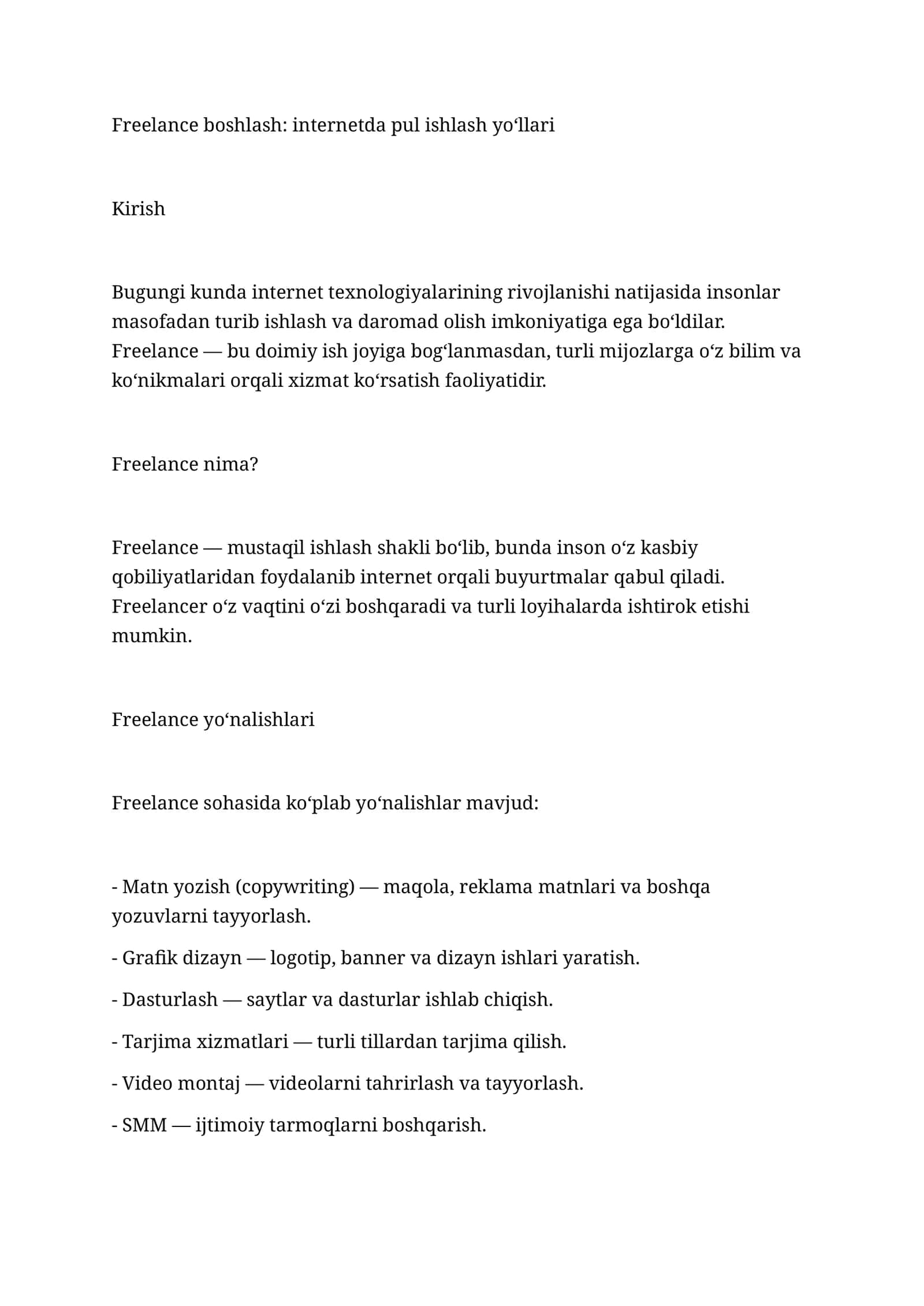 Freelance boshlash: internetda pul ishlash yo‘llari