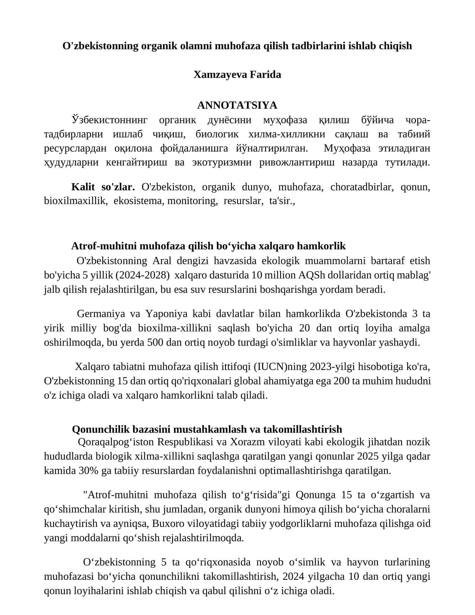 O'zbekistonning organik olamni muhofaza qilish tadbirlarini ishlab chiqish