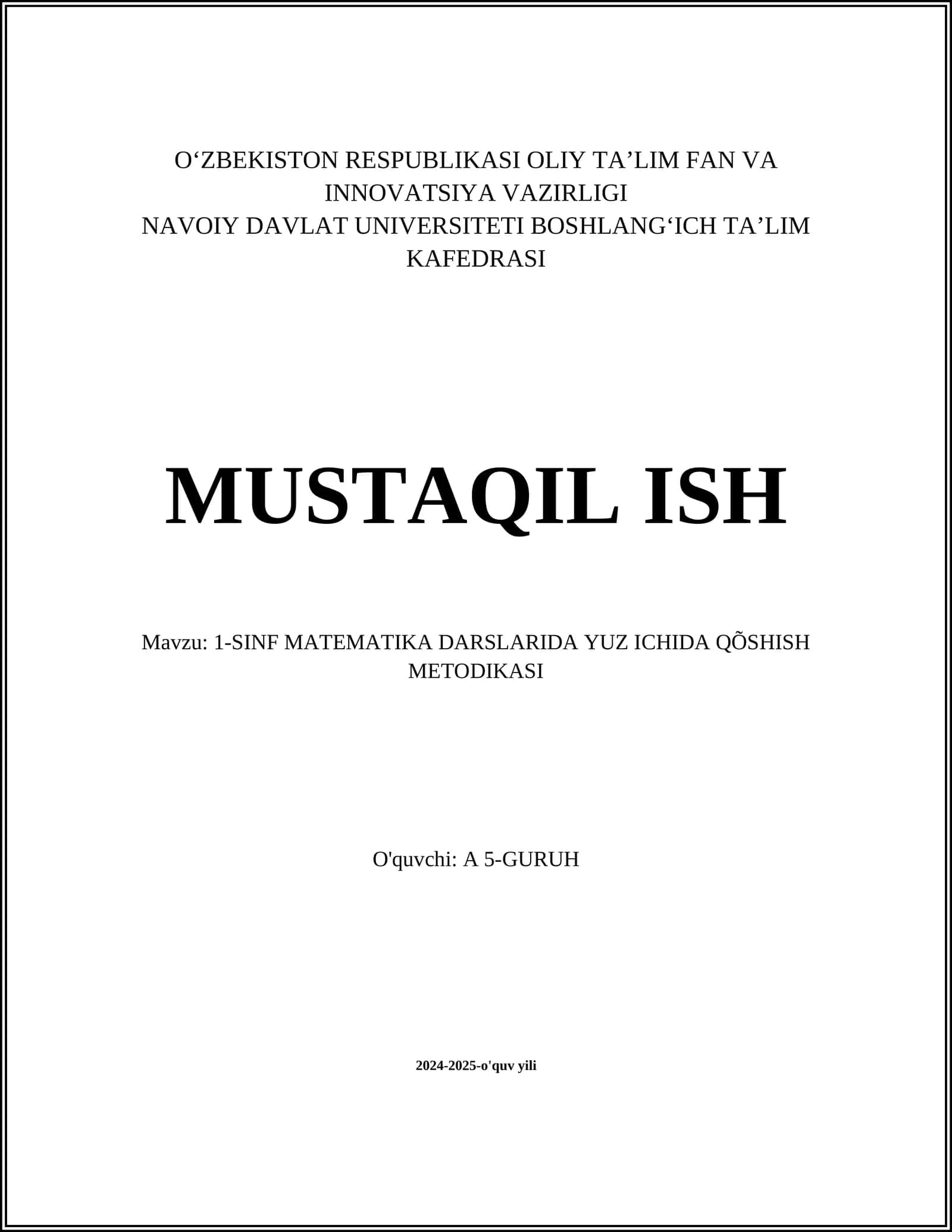 1-SINF MATEMATIKA DARSLARIDA YUZ ICHIDA QÕSHISH METODIKASI