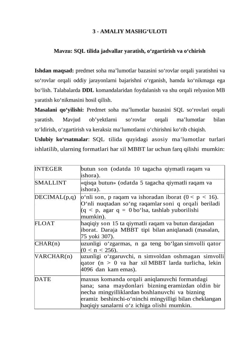 SQL tilida jadvallar yaratish, o‘zgartirish va o‘chirish