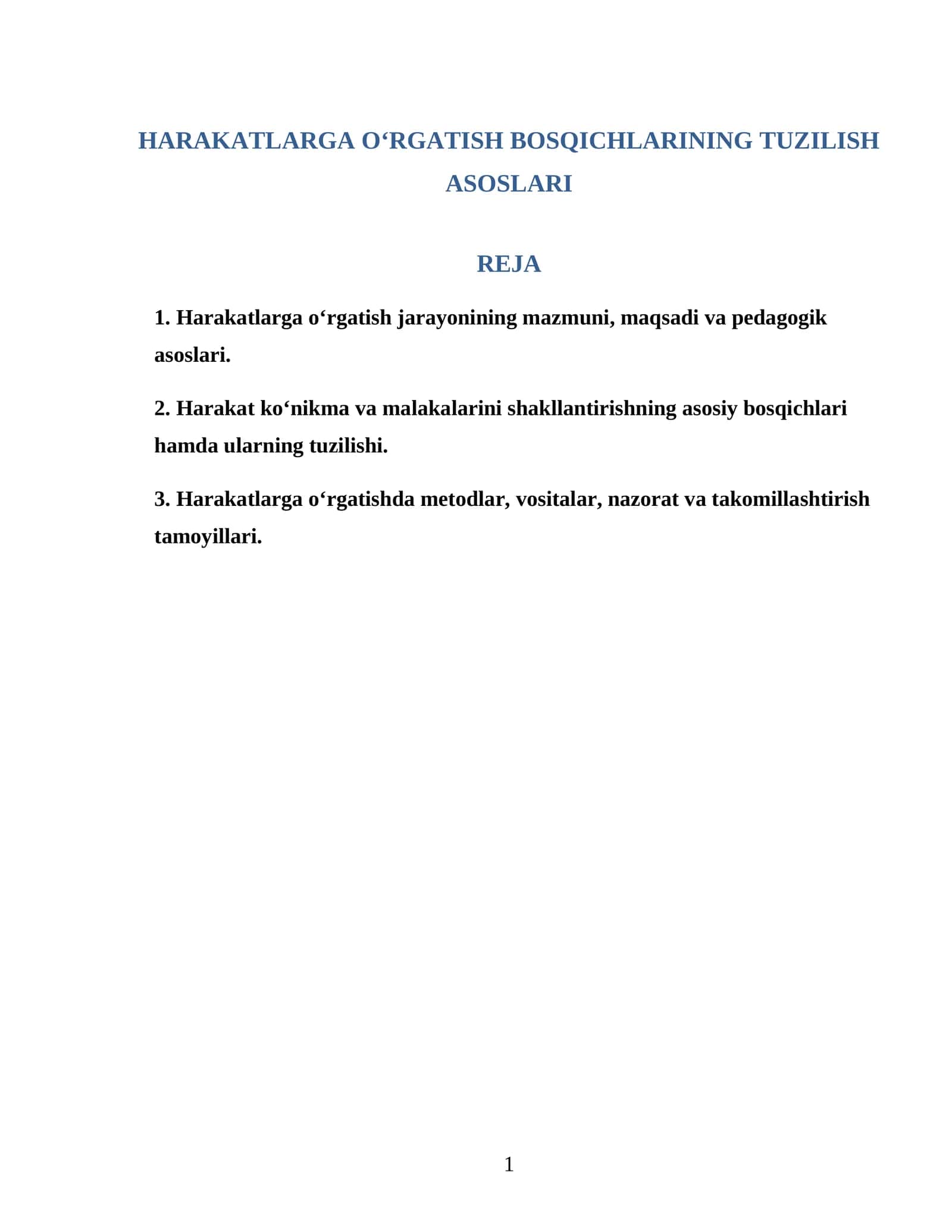 HARAKATLARGA O‘RGATISH BOSQICHLARINING TUZILISH ASOSLARI