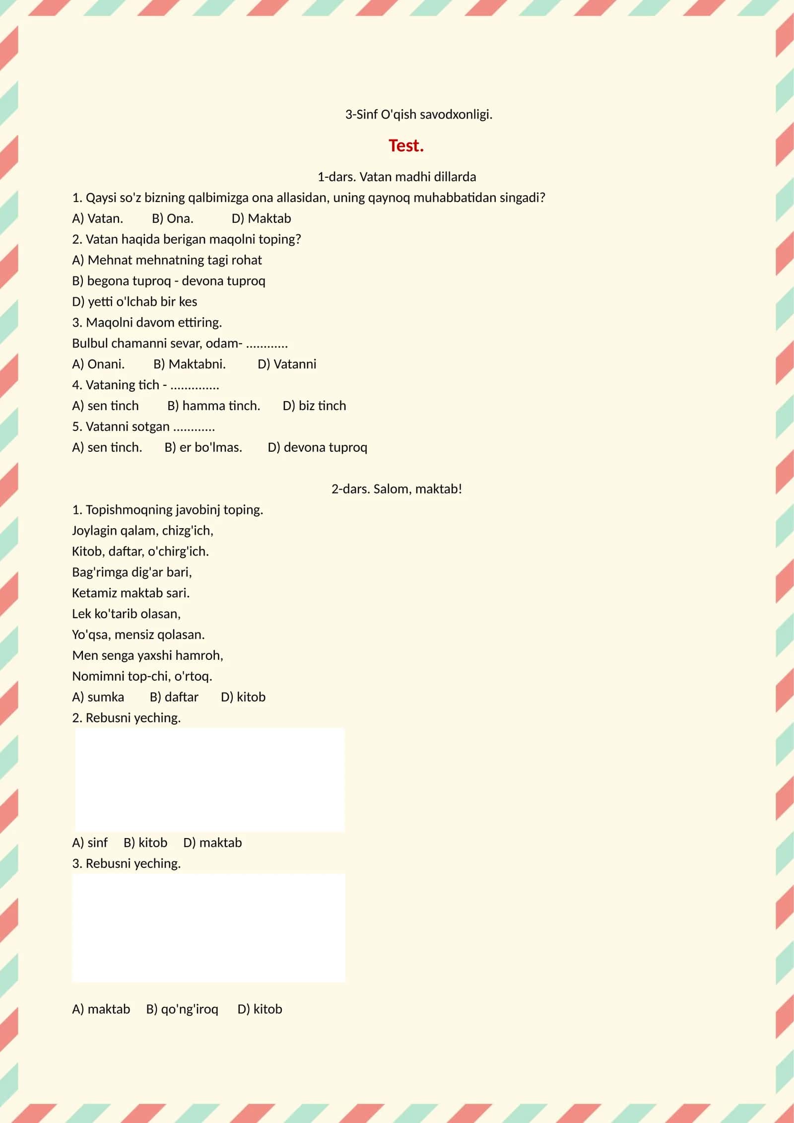 3-Sinf O'qish savodxonligi. Test