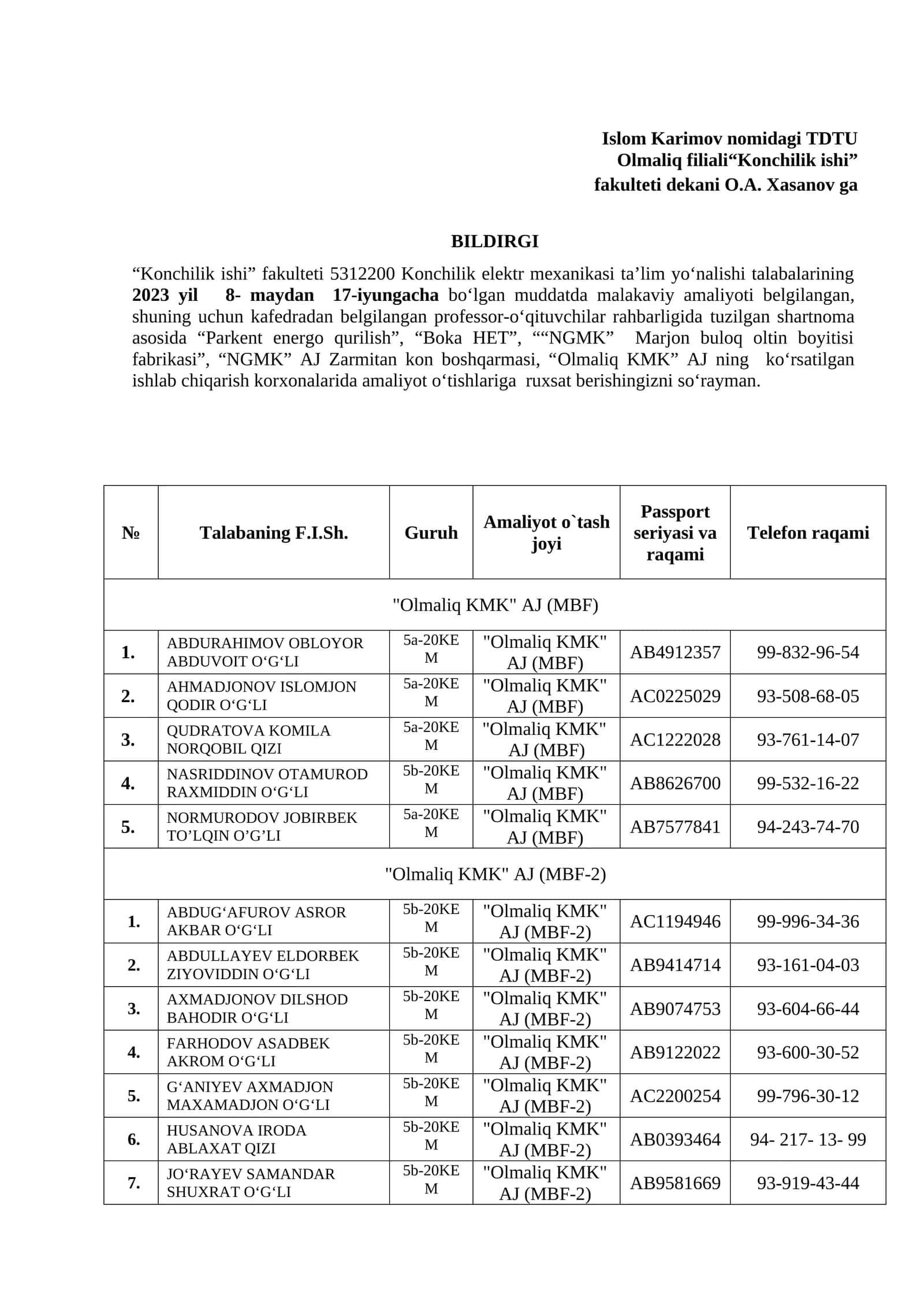 Konchilik elektr mexanikasi ta’lim yо‘nalishi