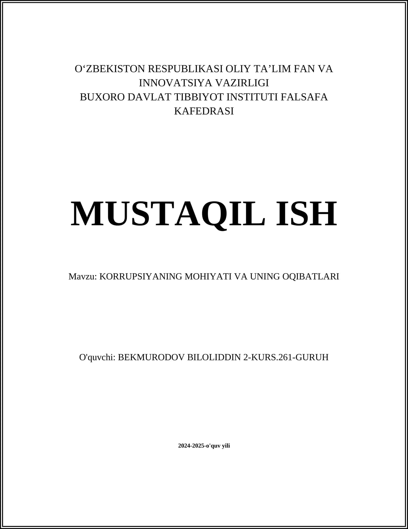 KORRUPSIYANING MOHIYATI VA UNING OQIBATLARI