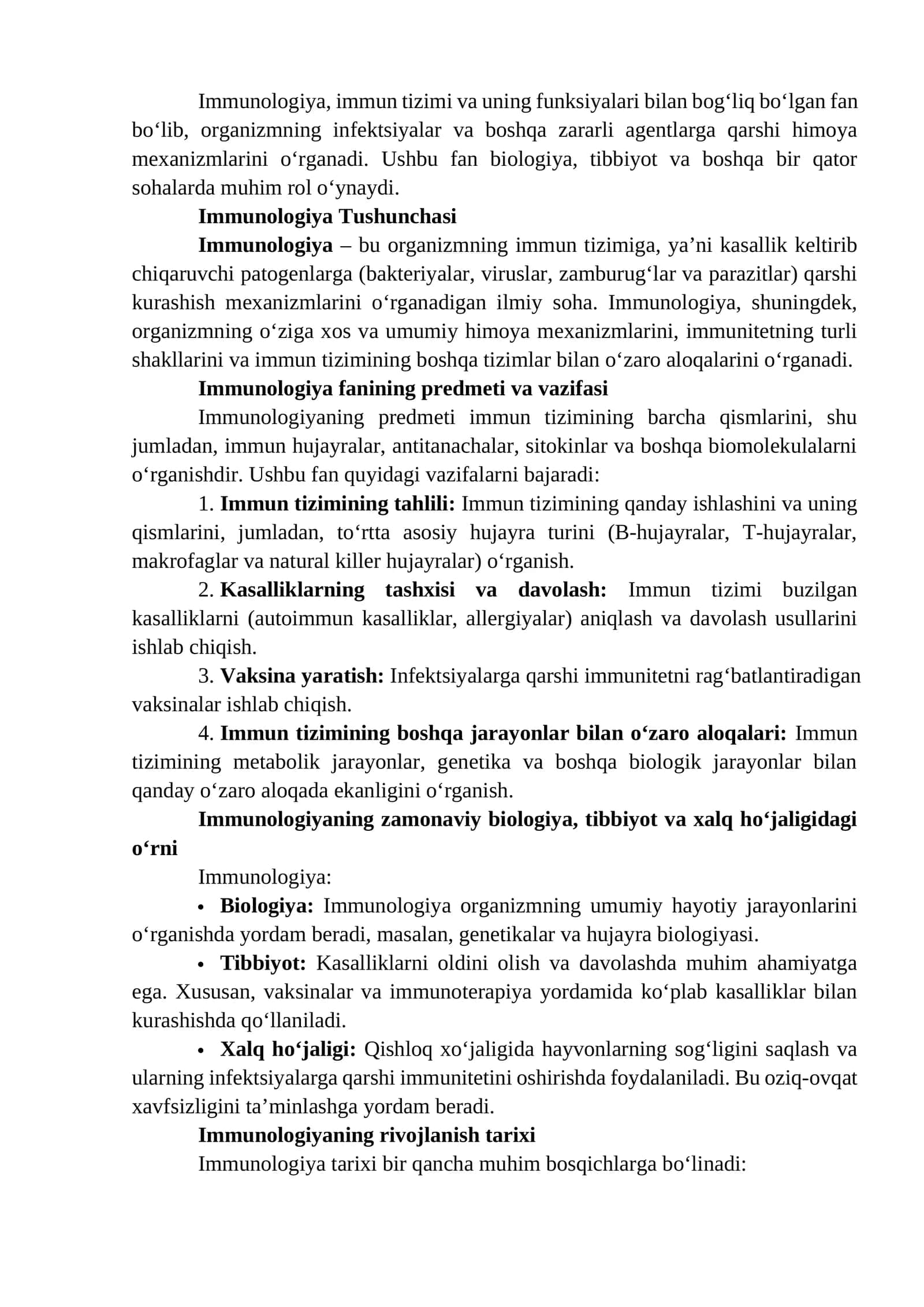 Immunologiya fanining predmeti va vazifasi