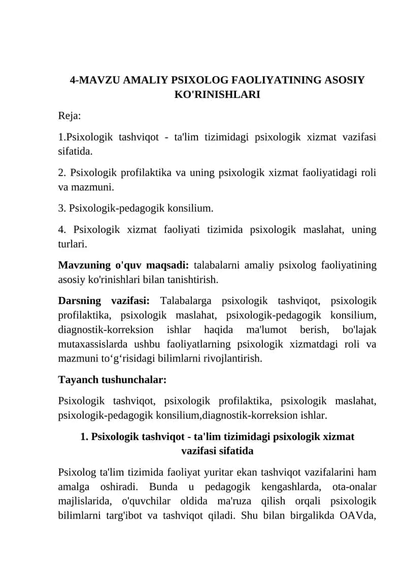 AMALIY PSIXOLOG FAOLIYATINING ASOSIY KO'RINISHLARI