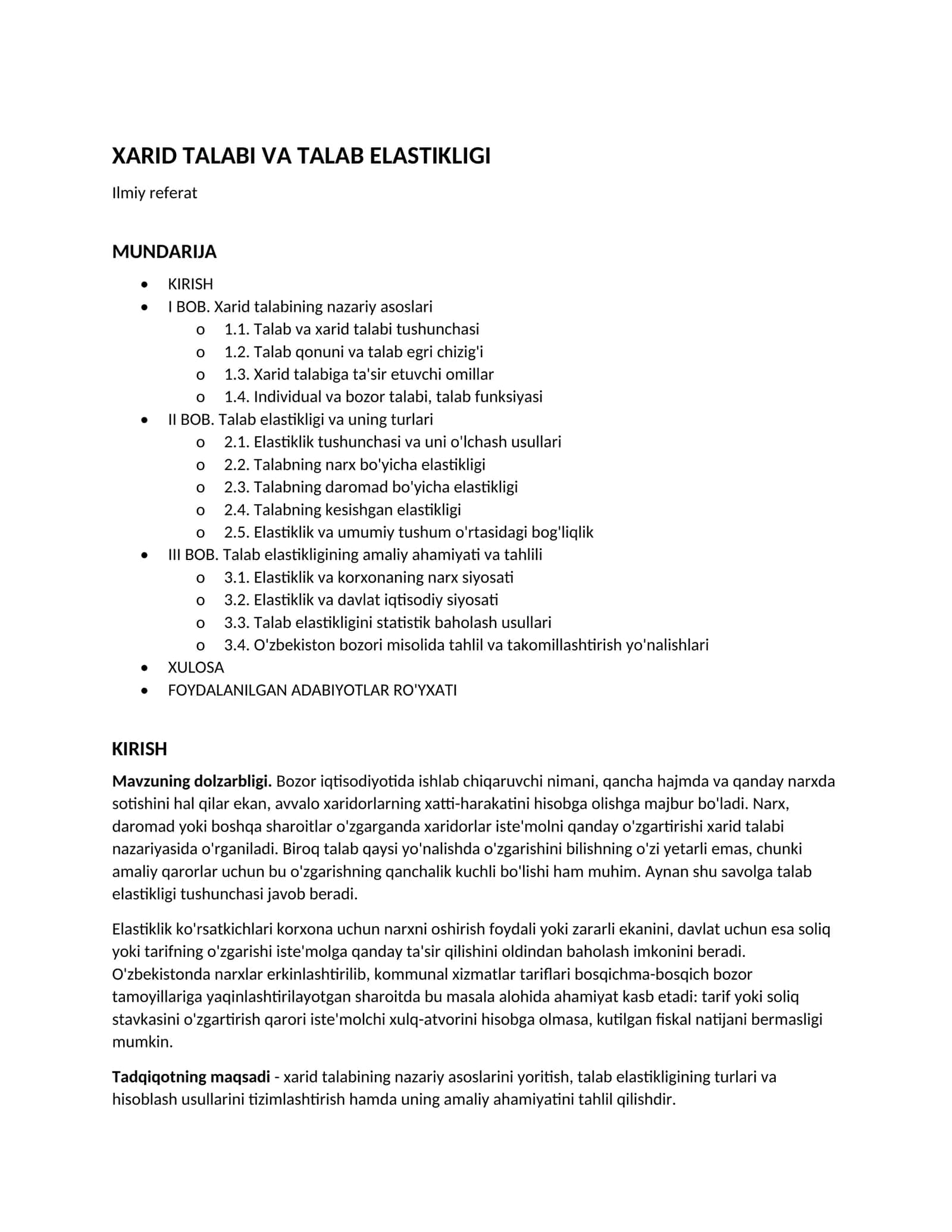 XARID TALABI VA TALAB ELASTIKLIGI