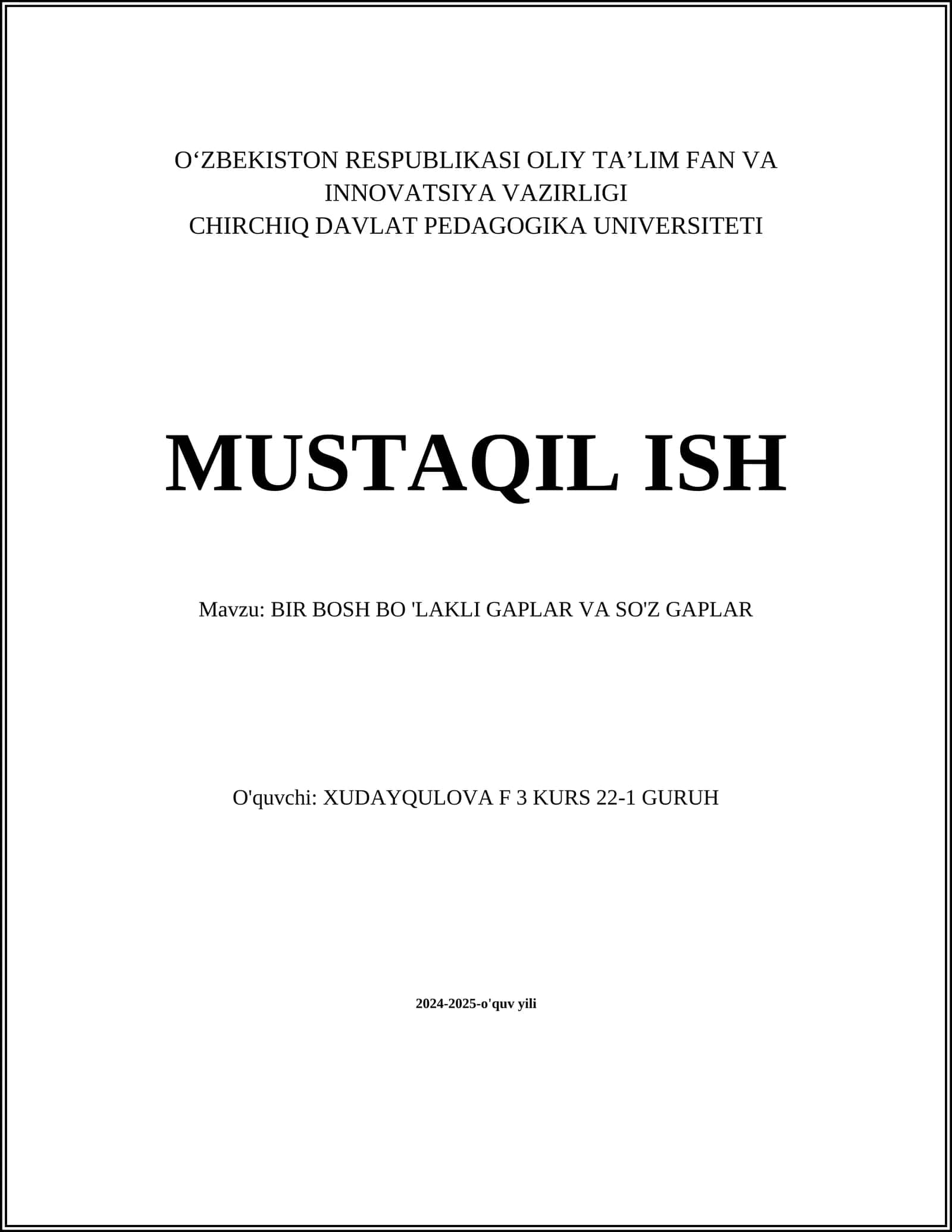 BIR BOSH BO 'LAKLI GAPLAR VA SO'Z GAPLAR