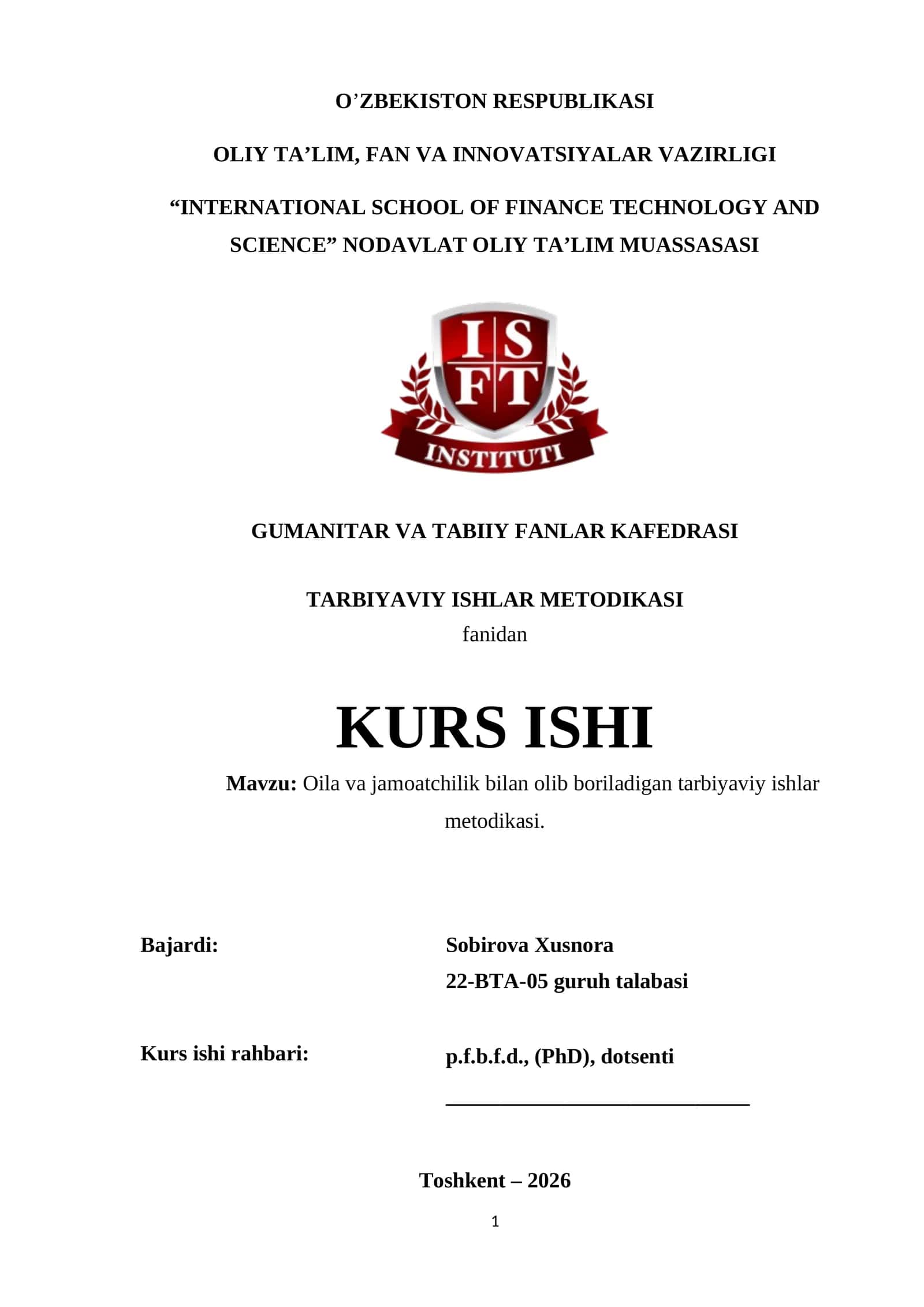 Oila va jamoatchilik bilan olib boriladigan tarbiyaviy ishlar metodikasi