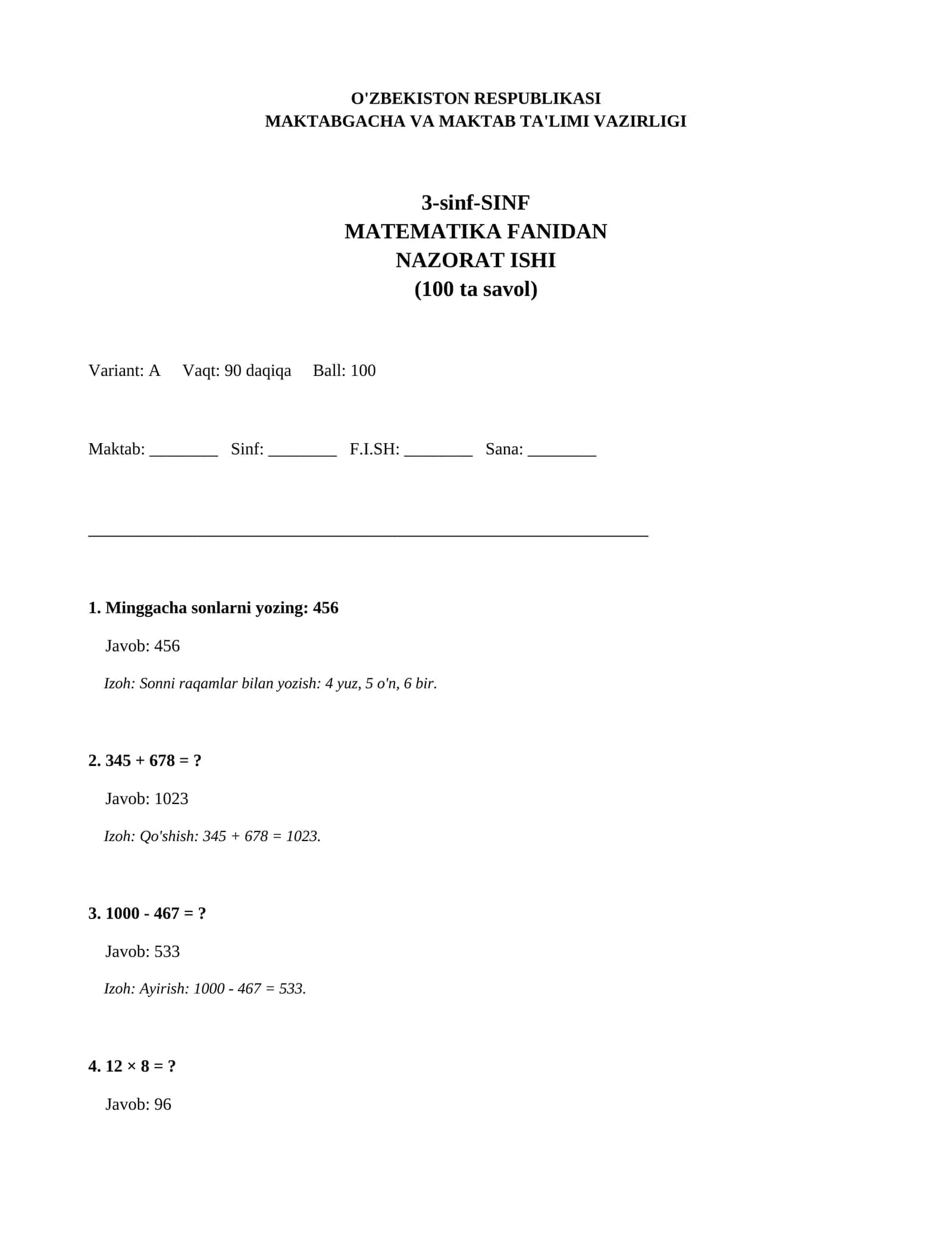 3-sinf-SINF MATEMATIKA FANIDAN NAZORAT ISHI