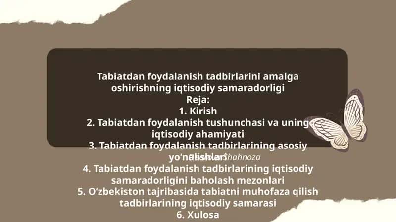 Tabiatdan foydalanish tadbirlarini amalga oshirishning iqtisodiy samaradorligi