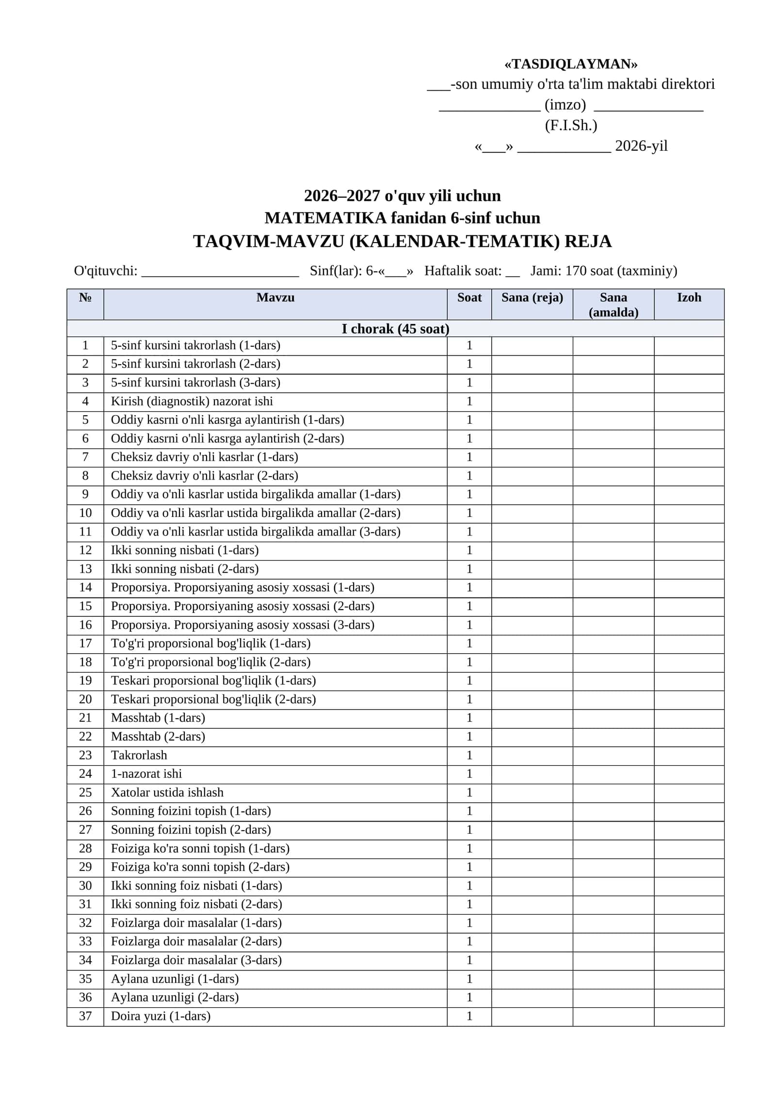 Kalendar tematik reja 2026-2027 6 sinf Matematika word tayyorgarlik toplami