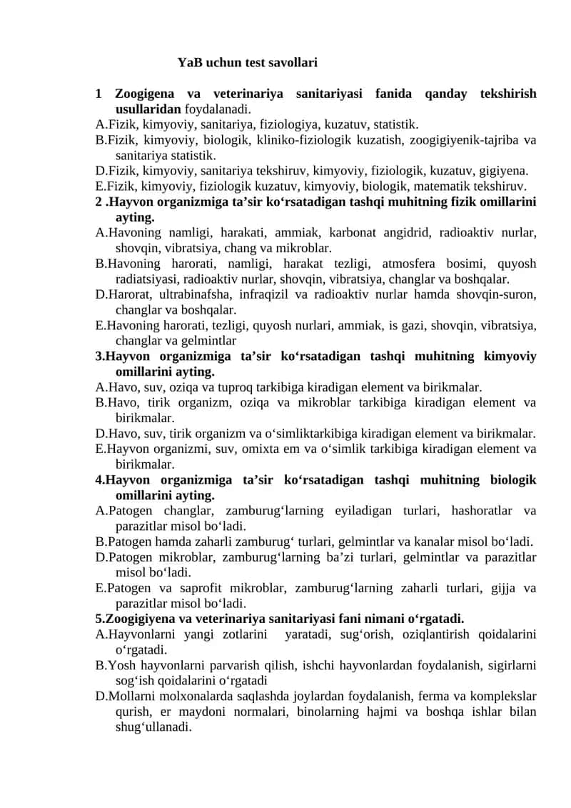Zoogigena va veterinariya sanitariyasi fanida qanday tekshirish usullari