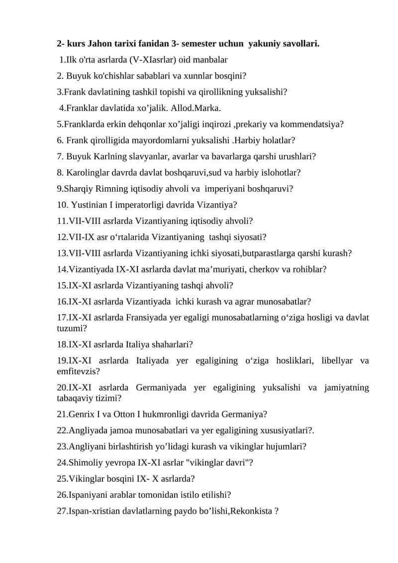 Jahon tarixi fanidan 3- semester uchun yakuniy savollari