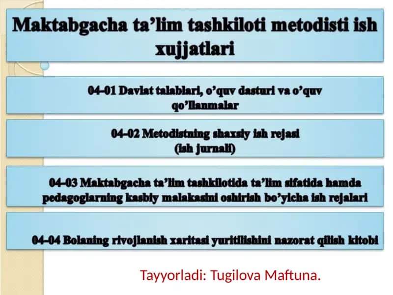 Maktabgacha ta’lim tashkiloti metodisti ish xujjatlari