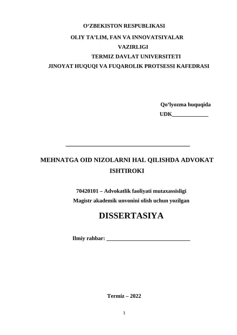 MEHNATGA OID NIZOLARNI HAL QILISHDA ADVOKAT ISHTIROKI