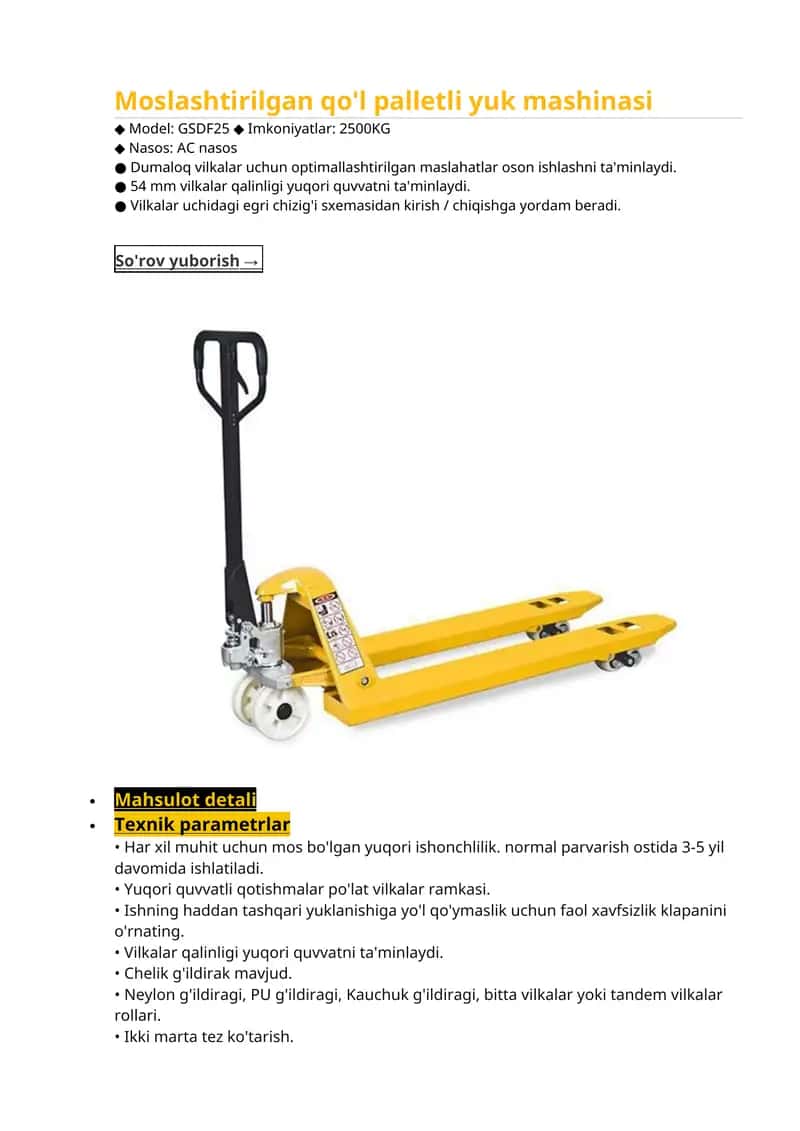 Moslashtirilgan qo'l palletli yuk mashinasi