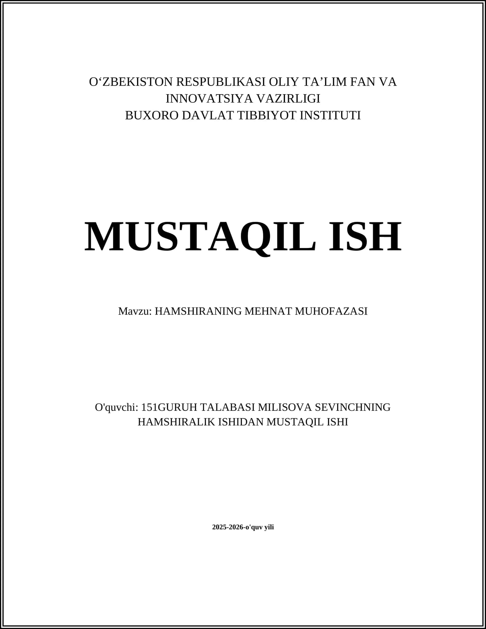 HAMSHIRANING MEHNAT MUHOFAZASI