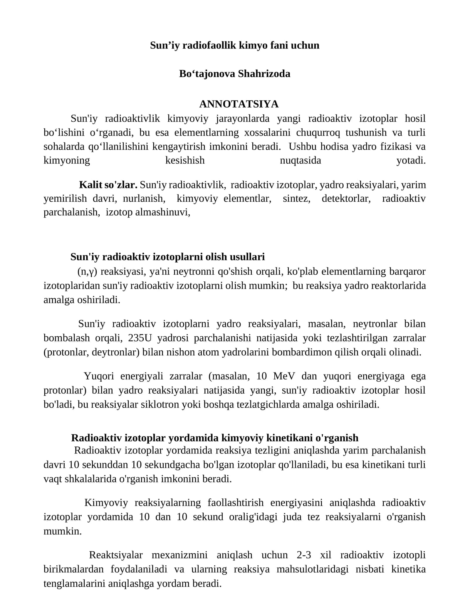 Sunʼiy radiofaollik kimyo fani uchun