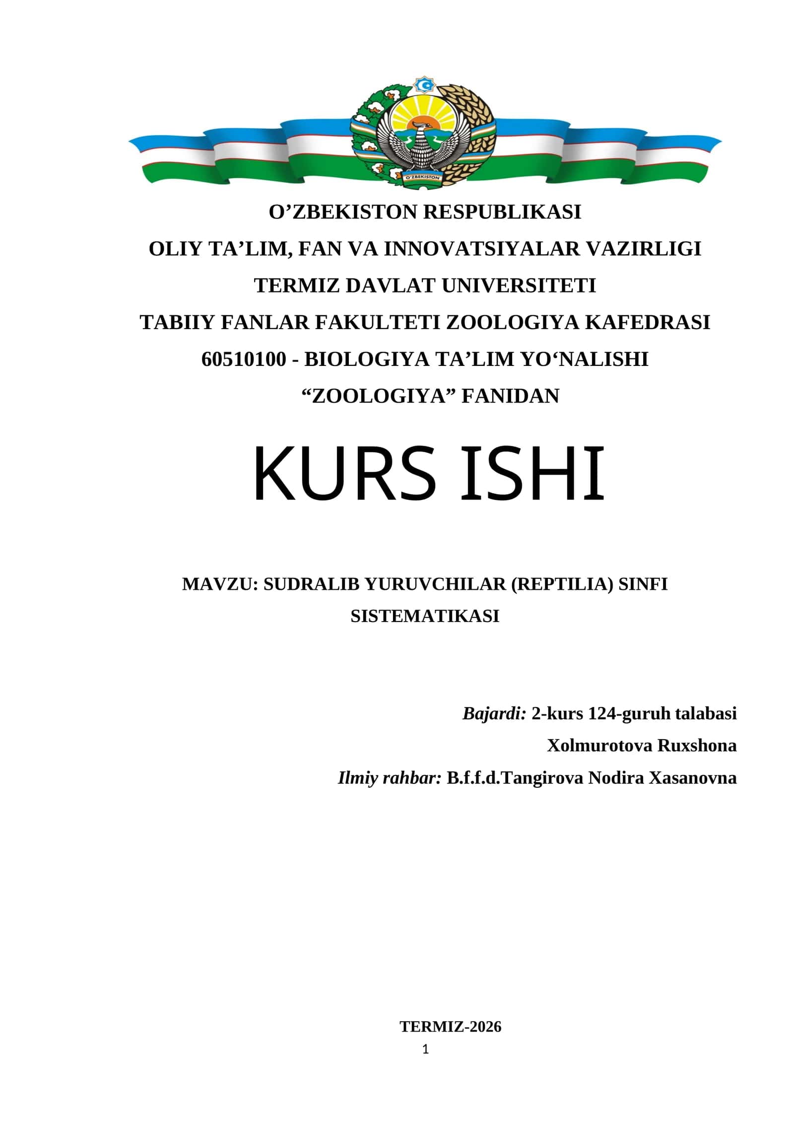 SUDRALIB YURUVCHILAR (REPTILIA) SINFI SISTEMATIKASI