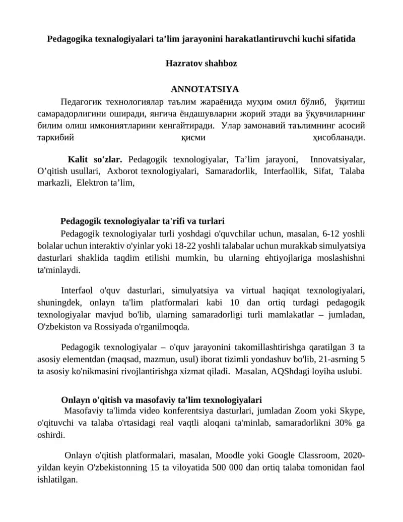 Pedagogik texnologiyalari ta'rifi va turlari